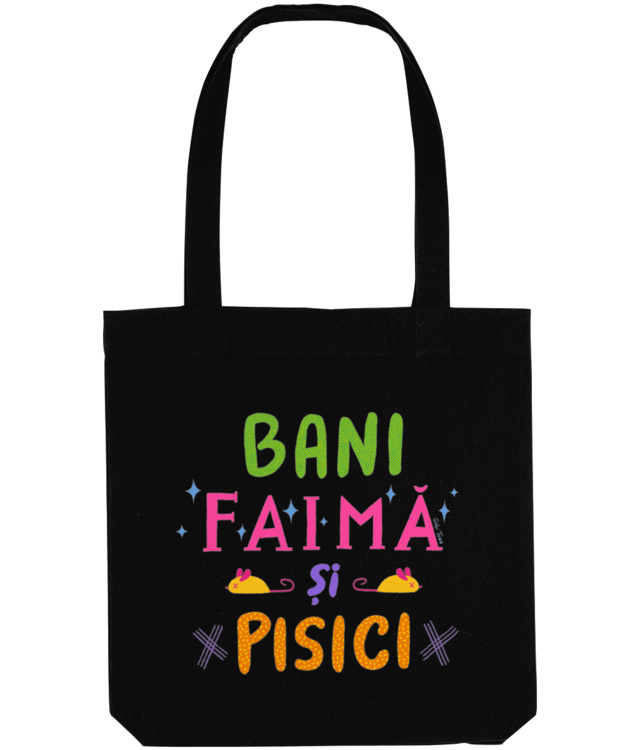 Bani, faima si pisici text, colorat Sacoșă Țesută De Bumbac Organic | STAU760