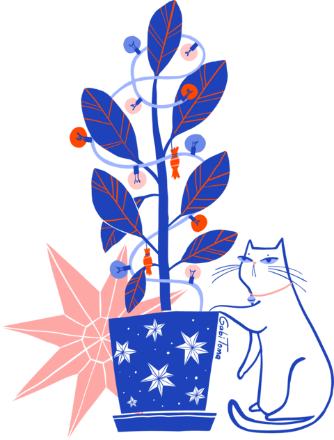 Ficus impodobit cu pisica si stea de Craciun